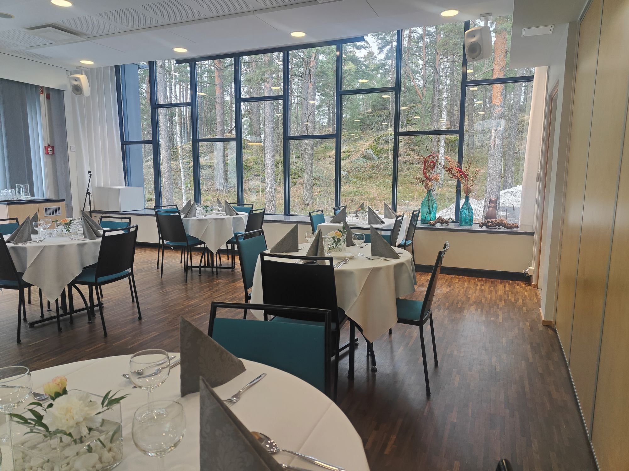 Metsäsali pyoreät pöydät katettuna, näkymä ulos luontoon